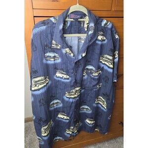 Harbor Bay Button Up Shirt Size 3XL Vintage Cars Hawaiian Tropical Blue Retro